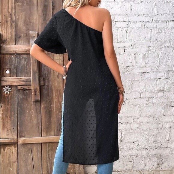 Boho One Shoulder Slit Long Tunic Top Blouse Black - Picture 2 of 6